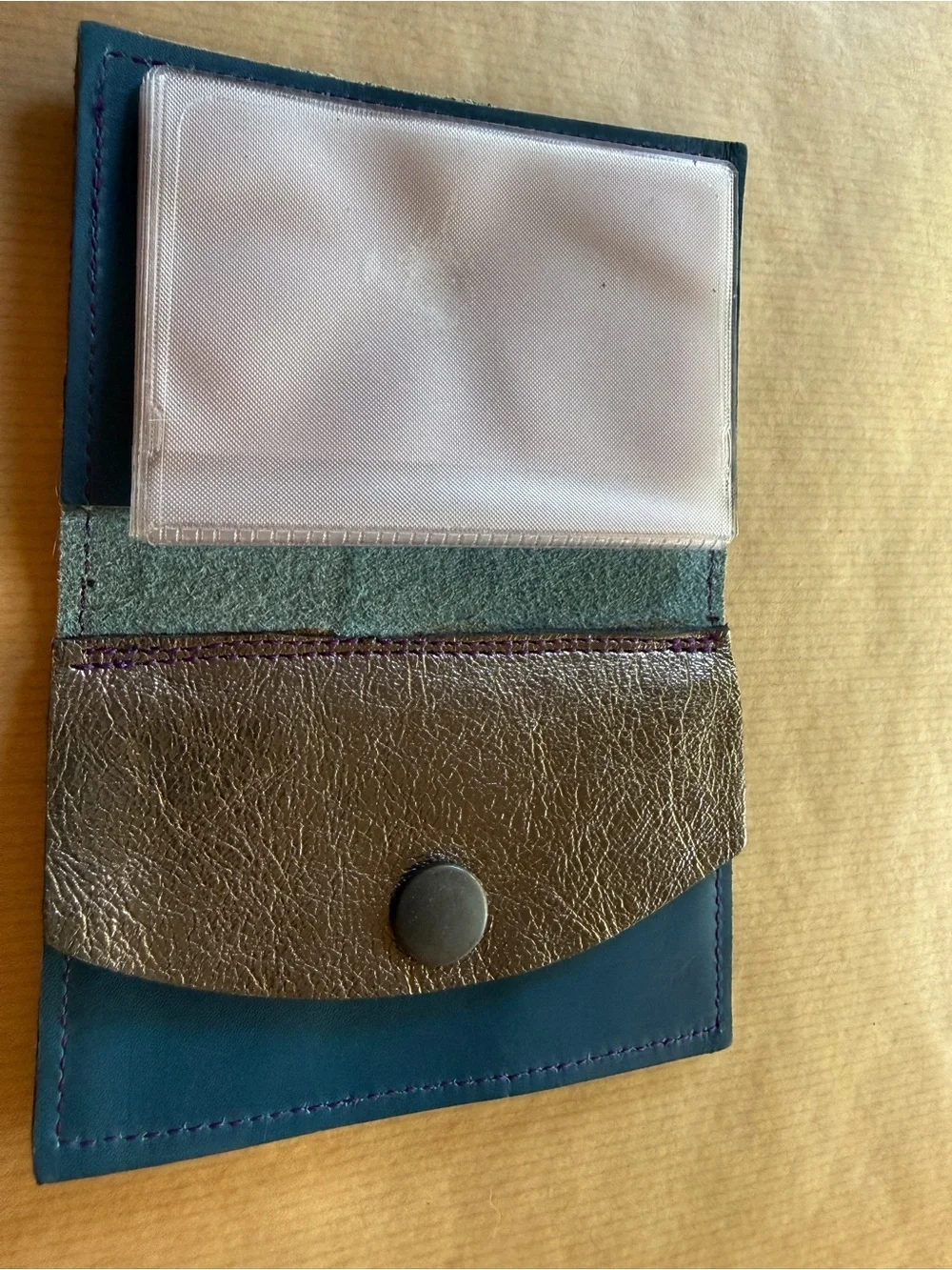 Blue Faux Fur Compact Leather Wallet